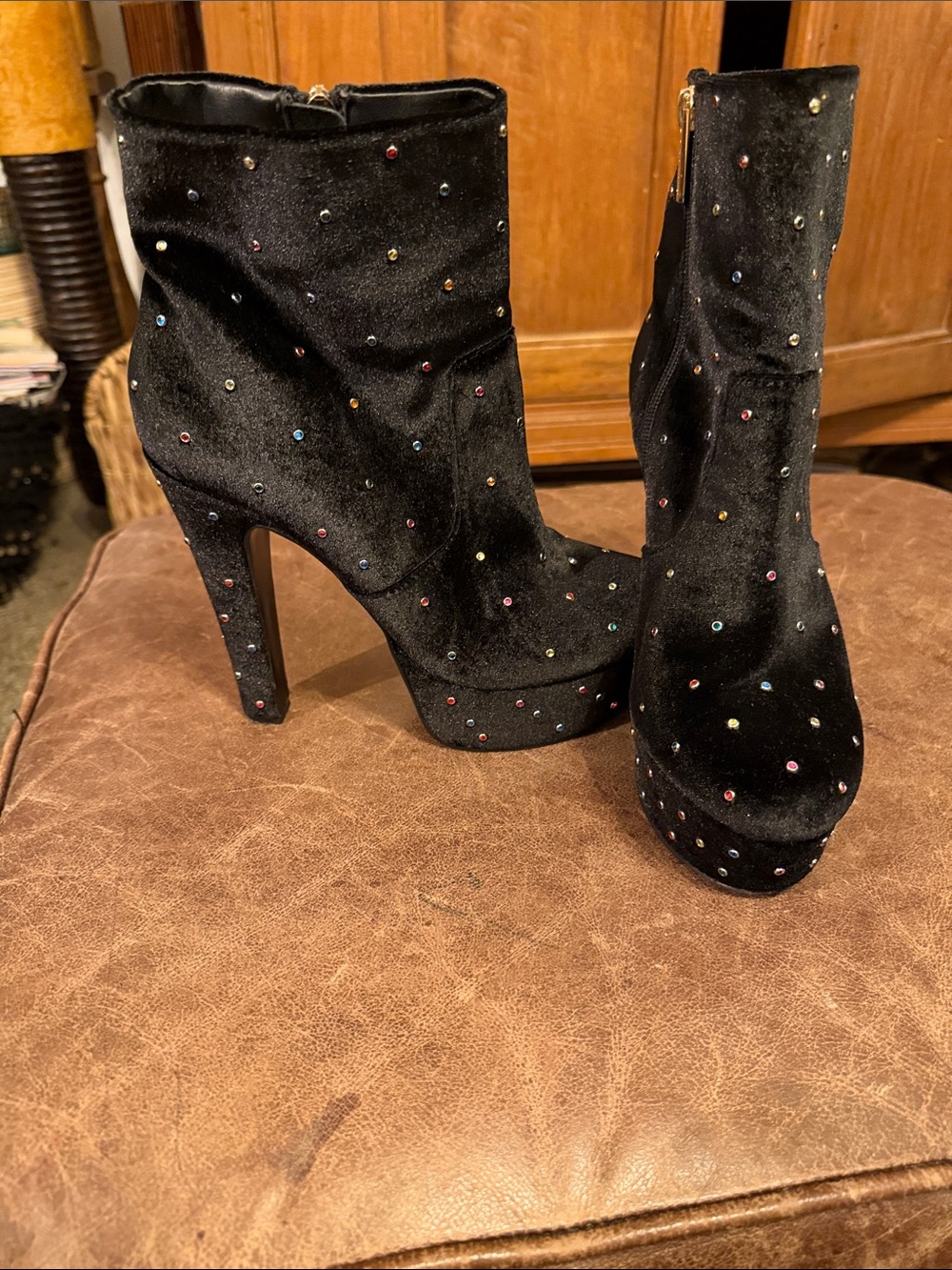 Kurt Geiger Black Velvet Rhinestone Platform Ankle Boots
